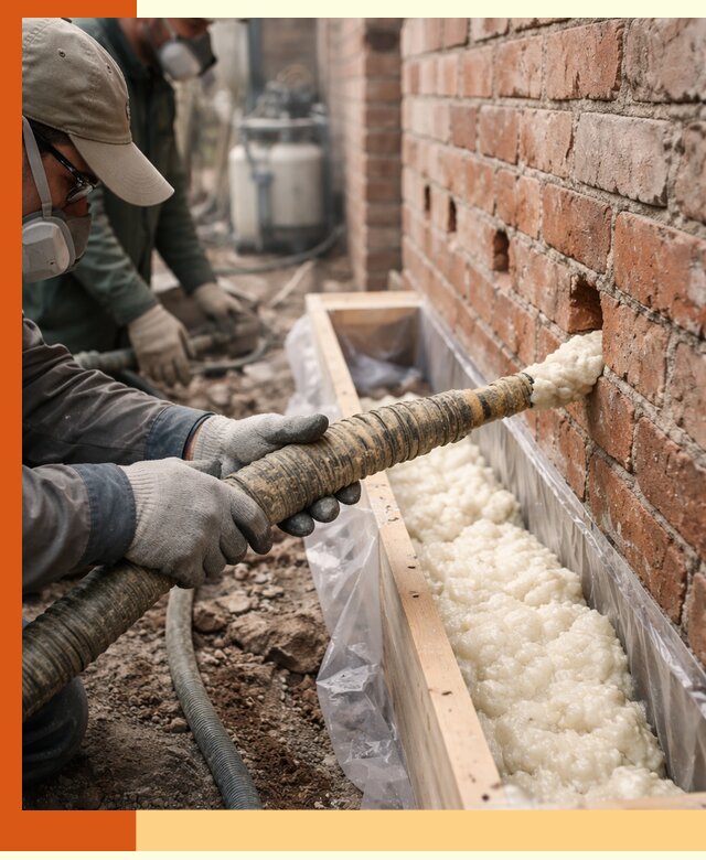 Заливка ППУ в пустоты кирпичной стены в Шадринске