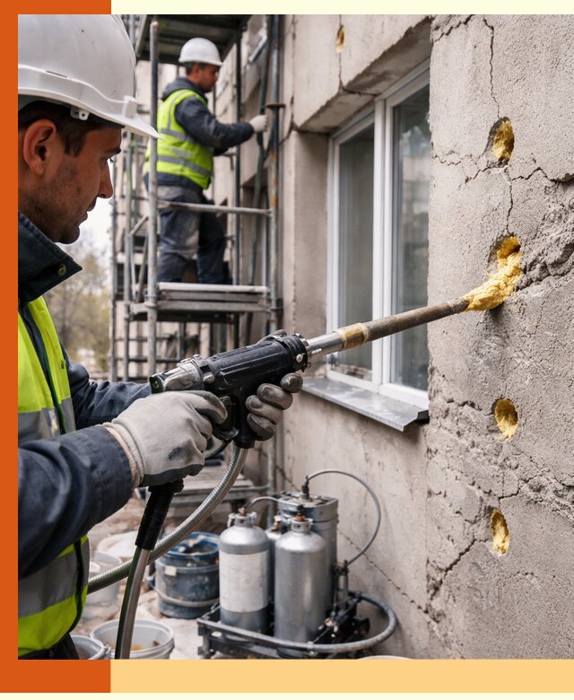 Заполнение пустот в фасаде и утепление стен в Шадринске